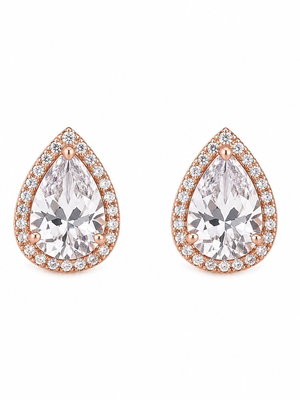 Rose Gold Stainless Steel CZ Teardrop Stud Earrings - Halo Pear Shape